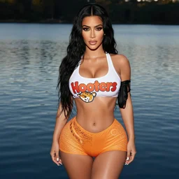 professional photo of kim kardashian wearing a hooters outfit, posed by a lake, intricate, elegant, highly detailed, cinematic, instagram, sleek, smooth, sharp focus, illustration, by maxim magazine