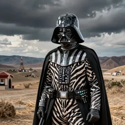 Darth Vader in zebra print, film still from the movie directed by Denis Villeneuve with art direction by Salvador Dalí, wide lens