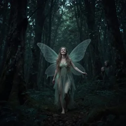 A joyful fairy princess, in a dark forest, telephoto, cool tones, underexposed, overecast, mysterious matte painting by greg rutkowski and marc simonetti and Ivan Shishkin, 4k