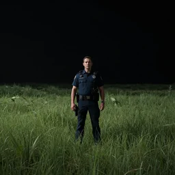 a picture of a cop standing in the middle of a grassy field, by weta digital, by weta fx, cinematic, wide angle, tones of black in background