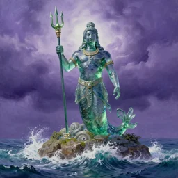 gigantic glass statue of the god of the sea wielding a trident on an island. roiling waves at the base. thunderclouds in the background. fantasy setting. purples and greens. fantasy aesthetic. 4 k. highly detailed. intricate. painting with curved brush strokes