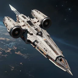 concept art of a gigantic futuristic spaceship through space chriss foss, the ship is shaped like a spear with six huge thrusters on the back and has a brutalist and megalithic look, cinematic lighting, highly detailed, sci - fi, artstation hq