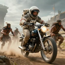an astronaut driving a motorcycle, tribe members attacking, chase, action scene, an epic fantasy, dramatic lighting, cinematic, establishing shot, extremely high detail, photorealistic, cinematic lighting, artstation, octane render, by simon stalenhag, horizon forbidden west