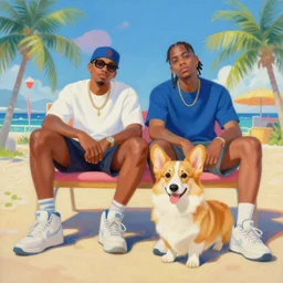 beautiful painting of hiphop solarpunk summertime chill with corgi, by, craig mullins, craig davison. trending on artstation, 8 k, masterpiece, graffiti paint, fine detail, full of color, intricate detail, golden ratio illustration