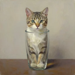 a cat in a glass vase, oil on canvas,