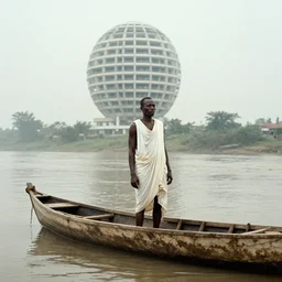 movie still by djibril diop mambety of a man in white drapery in a flesh barque on a river next to a spherical high - rise, leica sl 2 5 0 mm, heavy grain, high quality, high detail, fog, mud