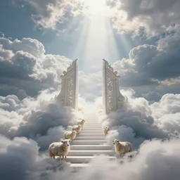 heaven, puffy white clouds, cinematic, dramatic, cinematic lighting, godrays, lightrays from the sun, heavens gate, big white pearly gates, god, jesus, sheep, white clouds, stairway to heaven, extremely intricate, highly detailed, 8 k, beautiful scenery, digital art