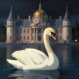 swan palace. award - winning 3 d anime by an indie studio, heavily stylized, rimlighting, depth of field, limited palette, impressionism, chiaroscuro, bokeh.