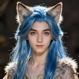 Portrait of a pretty fantasy catboy with blue hair and cute small cat ears. Art by Greg Rutkowski and Alphonse Mucha