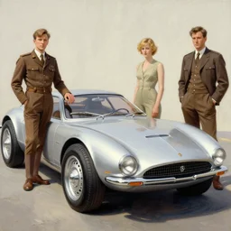 retro futuristic concept cars, low profile tires, detailed chrome trim, jodhpurs greg manchess painting by sargent and leyendecker, by greg rutkowski by greg tocchini by james gilleard