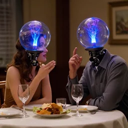 still frame from a romantic comedy, showing two cyborgs with normal human bodies and cloths, but their heads are spherical glass plasma lamps full of glowing blue and purple plasma filaments, having an awkward dinner date