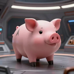 A futuristic space ship shaped like a cute and adorable piggy 🐷 , Star Trek, film still, cinematic movie scene, 200mm wide shot, hard surface modeling, volumetric soft lighting, style of Stanley Kubrick cinematography, 8k H 768