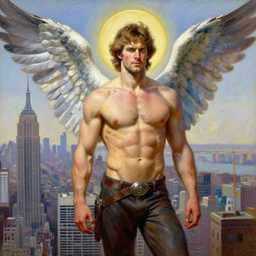 marvelous detailed portrait of a ripped physique winged Nephilim Hank Hill Man with a halo standing above new york city. norman rockwell heorhiy narbut jessie wilcox smith beatrix potter joseph leyendecker acrylic painting