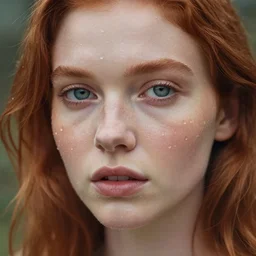 portrait of an ethereal ginger beauty with water droplets, reflective eyes, with rain drop patterns, closeup, by mary jane ansell
