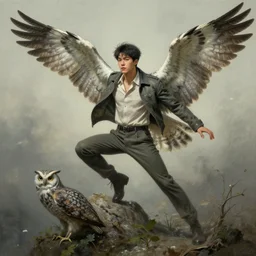 harmony of swamp, handsome buff namjoon with owl wings & tail wearing jacket & pants, amazing composition & dynamic posing, by franz xavier leyendecker, wlop! muted colors, highly detailed, fantasy art by craig mullins, thomas kinkade cfg _ scale 9
