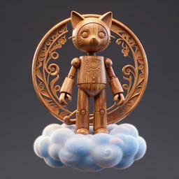 3 d octane render, ultra photorealistic, 8 k hyper detailed image, a beautiful wooden statue of a figurine of a robot with cat ears on a magic cloud, cgsociety, alphonse mucha