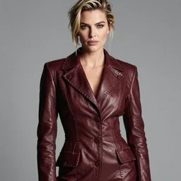 kodachrome sharply focused photograph, waist - up photo fashion model carolyn murphy, exquisite features, feminine cut, frontiers in flight leather suit, excessive stitching, nick knight studio lighting,