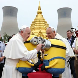 pope francis baptizing a minion in a buddhist pagoda nuclear power plant