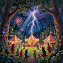 closeup of a night carnival inside a tree cavity in a magical forest in the middle of a summer storm, with a music scenario with many fireworks and christmas lights, volumetric lightning, instense god rays in the sky, folklore people disguised with fantastic creatures in a magical forest by summer night, masterpiece painted by koson ohara, very coherent and colorful high contrast masterpiece,