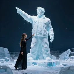 dramatic photo, greta thunberg pointing at full body ice sculpture of rapper'ice cube'melting due to global warming, wide angle photo, award winning, artgerm, wlop, james gurney, trending on artstation