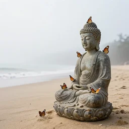 in the misty morning, a group of butterflies perched on a buddha statue stranded on the beach, by craig mullins