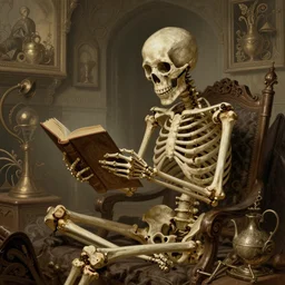 concept art, skeleton reading the book, detailed and intricate environment, by dore gustave, 4 k