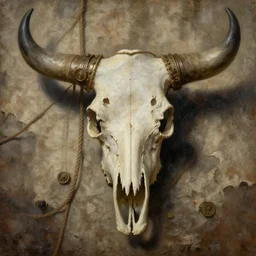 magic weathered steampunk symmetrical bull skull at the center, old fabric, ropes. painting by rembrandt and greg rutkowski