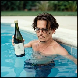 johnny depp as nendoroid relaxing in the pool with bottle of wine, kodak film