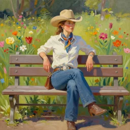 a painting of a cowgirl sitting on a park bench field of flowers in background, in the style of ray caesar, digital art