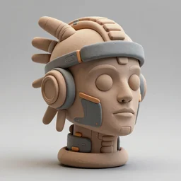 a claymodel of a dieselpunk aztec futuristic robot head wearing an emotiv eeg - headset, 8 k, front shot, symetrical, flourescent colors, halluzinogenic, multicolored, insanely detailed, front shot, 3 d render, octane