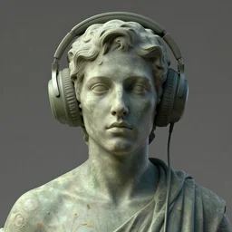 stoic statue wearing headphone, vaporwave, aesthetic, naturel, symmetrical face, hyper detailed, digital sculpture, trending in artstation, cinematic lighting, studio quality, smooth render, unreal engine 5 rendered, octane rendered, art style by klimt and nixeu and ian sprigger and wlop and krenz cushart