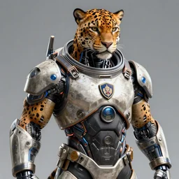 a portrait of a muscular anthropomorphic cyberpunk jaguar in spacesuit armor with ensignia on chest plate by sandra chevrier, by jon foster, detailed render, post - processing, extremely hyperdetailed, intricate, epic composition, cybernetics, 4 k realistic, cryengine, realistic shaded lighting, sharp focus, masterpiece, by enki bilal