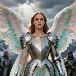 royalty angel, big wings, argentina, natalie portman, hudson river school, max rive, full plate armor, f 1 6, bokeh, gentle, female, snowy mountain, storm clouds, god rays, close up portrait, d & d, fantasy, elegant, teal pink white gold color palette, concept art, roger deakins and greg rutkowski and alphonse mucha