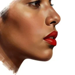 a mexican woman's face in profile, red lips, brown skin white background, dynamic, ultra detailed, 4 k, illustration, by kehinde wiley, kadir nelson, john william waterhouse