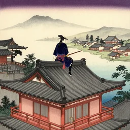 samurai on the roof of a chinese building, chinese village on background, ukiyo-e, hokusai