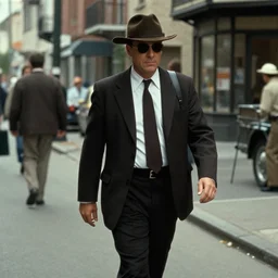 a film noir detective walking along a street; extremely detailed; film still