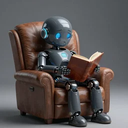 futuristic lonely matte dark gray and glossy blue humanoid robot with legs, with huge expressive comically sad LED eyes and open rectangular mouth sitting facing to the left, reading a hardbound leather book on a large comfortable cushioned vintage recliner. Cinematic Lighting, Cinematic Movie Photograph, Arri Alexa, Extremely Detailed, smooth, very very clean, simple, 8K, octane render, maya render, unreal engine, trending on artstation, DSLR, excellent composition, moody