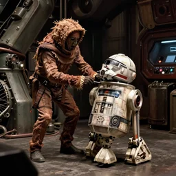 film still from star wars, strange ig - 1 1 assassin droid working in a dimly lit industrial junk engine room. interior set design photograph by gilbert taylor 2 0 4 9