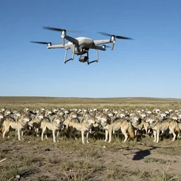 a uav with it own shaddow is watching a large group of wolves