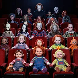 a colorful portrait photograph of divine in a cinema, with creepy cursed dolls like little miss no name, face bank, fearsome flush, cursed mickey, blippy in the box, jolly chimp, fingertronic howdy doody electronic puppet, skinny bones, cursed teletubbies, trolls, boobahs, chucky, jigsaw, hellraiser, leatherface, michael myers, pazuzu, chatterer, pennywise, pale man, in 1 9 9 0 s, studio light photography, high definition, 8 k, taken by alex webb