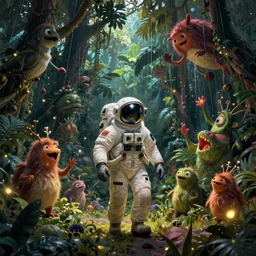 digital art of a surreal jungle, astronaut walking, mysterious crazy world, talking creatures, raining at night, fireflies
