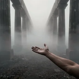 arm reaching out of thick fog, symetrical rows of tall stone columns in the far background, intricate zdzislaw beksinski