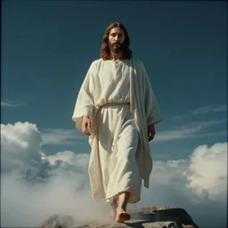 jesus walking down from heaven, 8 k, photorealistic, extremely detailed, shot on super fujica 6 fujinar, cinematic lighting