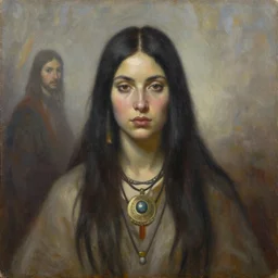 portrait of a female shaman goddess wizard, oil on canvas, by jeffrey catherine jones and denis sarazhin