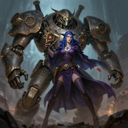 female necromancer grabbed by giant mecha hand, steampunk, high fantasy, digital illustation, artstation