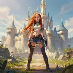 grimes as a highly detailed game character in front of a big fairy castle, trending on artstation, concept matte