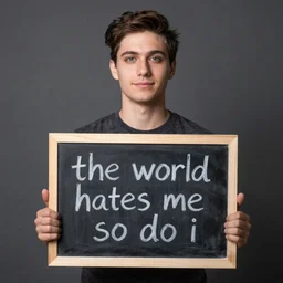 portrait photo of the person holding a chalkboard with the writing ( the world hates me and so do i )