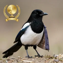 a eurasian magpie wearing human clothes, wildlife photography, award winning photograph