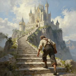a beautiful and highly detailed painting of a seasoned, tired sailor climbs the hundreds of steps that wind up and through the impossibly high cliff towards the massive ornate fantasy castle at it's peak | time white :. 2 | trending on artstation :. 5 | fantasy :. 4 | cgsociety :. 3 | unreal engine :. 3