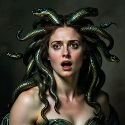 gal gadot as medusa on her face an expression of horror and her hair is all writhing serpents by caravaggio